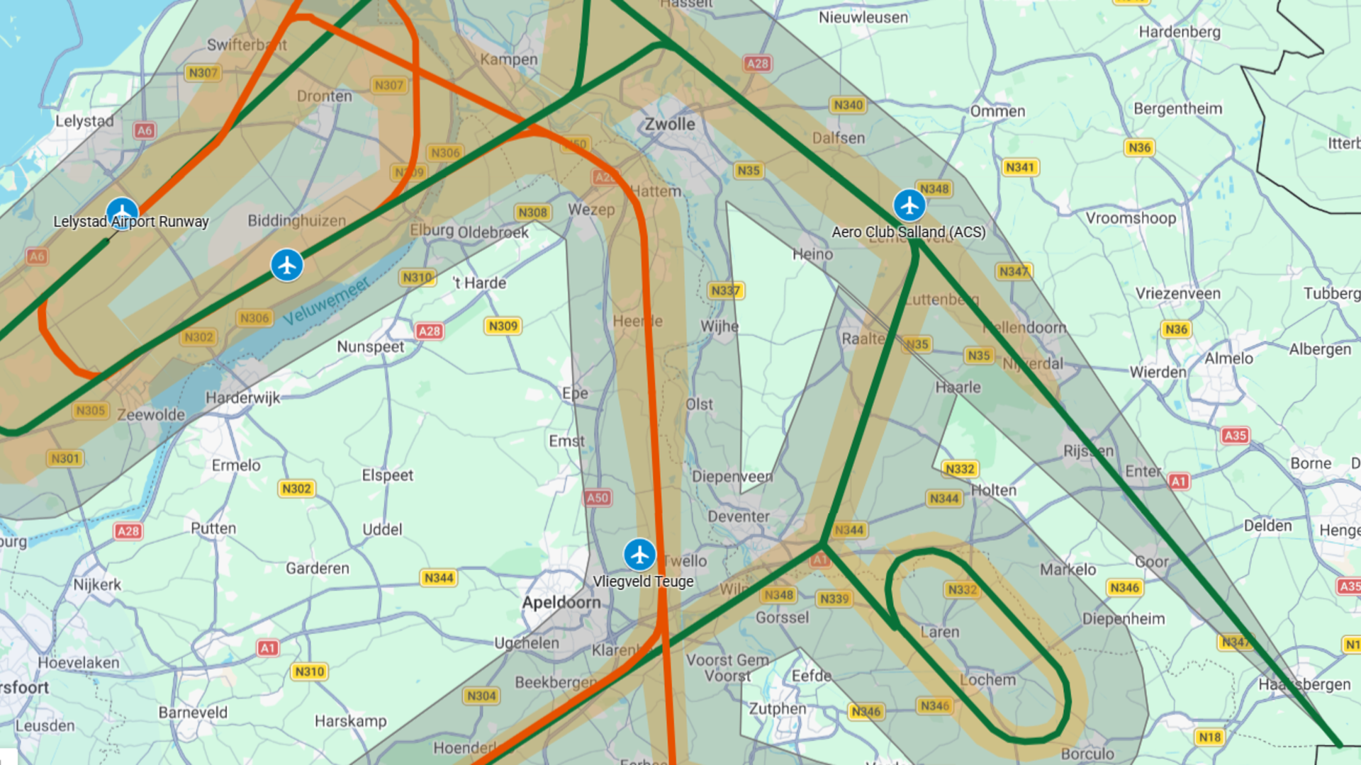 Vliegroutes Lelystad Airport via SATL